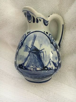 Vintage Delft Blue Hand Painted Windmill 4” Bud Vase Pitcher Holland Euc