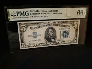 Scarce Fr.  1651 $5 1934 - A Silver Certificate Ja Block Gem Pmg 66 Epq 5