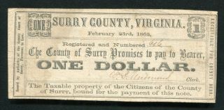 1863 $1 One Dollar Surry County Virginia Obsolete Scrip Note