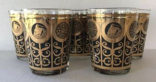 5 Vintage Libbey Prudential Lowball Cocktail Glass Tumblers Black 22k Gold Mcm