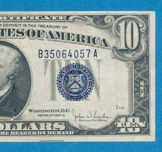 $10.  1934 - C Silver Certificate Blue Seal Crisp,  Attractive,  Lightly Circulated