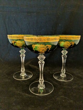 Tiffin Melrose Green Gold Encrusted Champagne Coupe 6 1/4 "