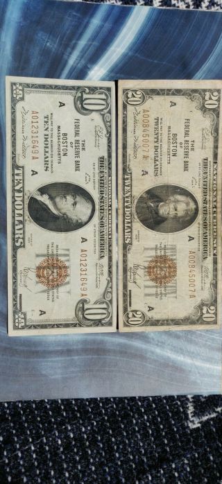 1929 $20 & $10 National Currency Federal Reserve Bank Of Boston Ma