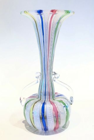 Italian Venetian Murano Glass Vase Rainbow Zanfirico Latticino Ribbons 6 - 1/4 "