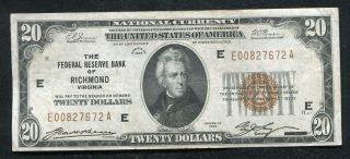 Fr.  1870 - E 1929 $20 Frbn Federal Reserve Bank Note Richmond,  Va Extremely Fine