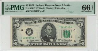 1977 $5 Federal Reserve Star Note Atlanta Fr.  1974 - F Pmg Gem Unc 66 Epq