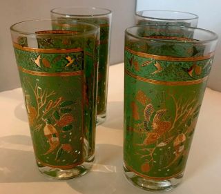 Vintage 60’s Green & Gold Pheasant Tall Drinking Glasses Set 4