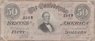 50 Dollars Very Fine Banknote From Confederate States/richmond 1864