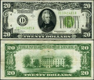 Fr.  2052 D $20 1928 - B Federal Reserve Note Cleveland D - A Block Vf,  Lgs