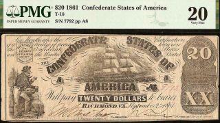 1861 $20 Dollar Confederate States Currency Civil War Note Paper Money T - 18 Pmg