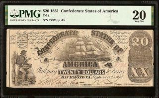 1861 $20 DOLLAR CONFEDERATE STATES CURRENCY CIVIL WAR NOTE PAPER MONEY T - 18 PMG 3