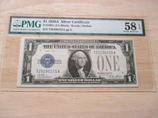 1928 - A - $1 Silver Certificate Pmg 58epq Choice About Unc (funny Back)