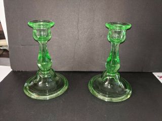 Vintage Pair Green Depression Uranium Glass Tall Candlesticks 6 1/2 In