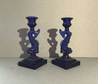 Pair Cobalt Blue Sandwich Style Dolphin Candlestick Imperial Glass,  Signed,