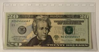 2017 $20 Fancy Serial Number Nc42444444f Uncirculated Dollar Bill Currency Us