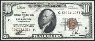 1929 $10 Brown Seal Philadelphia Old Us National Currency