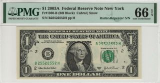 2003 A $1 Federal Reserve Note York Radar/repeater S/n Pmg Gem 66 Epq (552h)