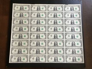 Uncut Sheet 32 One Dollar Bills $1 1988 A Us Currency Dept Of The Treasury D.  C.