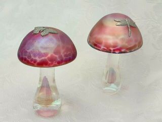 Heron Glass Two Medium Cranberry Pink Mushrooms With Pewter - Uk Hand Crafted