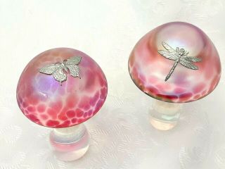 Heron Glass two Medium Cranberry pink Mushrooms with Pewter - UK Hand Crafted 2