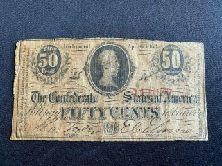 1863 Confederate States Of America Fifty Cent Note 50c Currency Paper Money