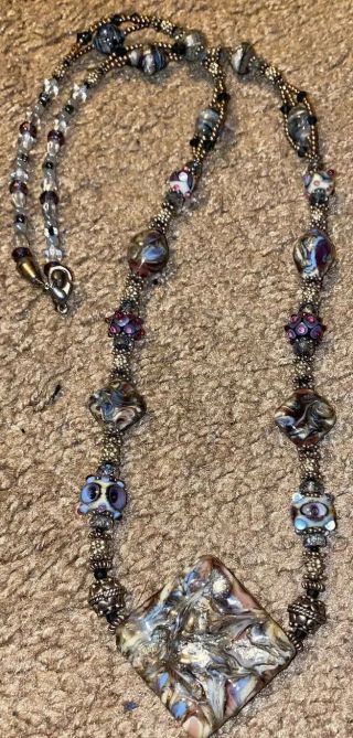 Hand Crafted Artisan / Art Deco One Of A Kind Necklace W Murano Glass Beads