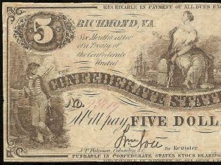 1861 $5 Dollar Confederate States Currency Civil War Note Old Paper Money T - 36