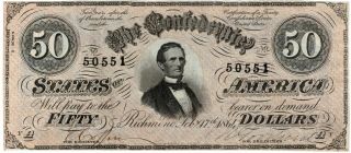 1864 Confederate States Of America $50 Fifty Dollars Type 66 Au - Unc Note T - 66