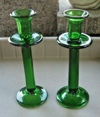 Vintage Hand Blown Blenko Art Glass Candlesticks - Emerald Green - 9.  25 "