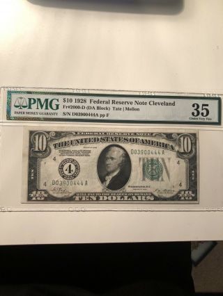 1928 $10 Note Cleveland Fr.  2000 - D Da Block Pmg Vf 35