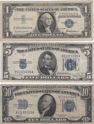1957 $1 - 1934 $5 - 1934 $10 Ten Dollar Silver Certificate Blue Seal Circulated