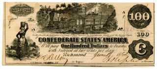 $100 Csa 1862 T - 39 Confederate States Civil War Au - Cu Avenuecoin