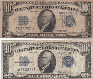 2 - 1934 $10 Ten Dollar Silver Certificates Blue Seal Circulated 1