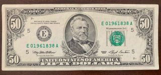 1993 Fifty Dollar Bill $50 Federal Reserve Richmond Very Low Serial E 01961838a