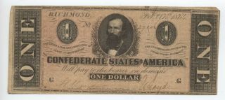 1864 Confederate States $1 Note Cs - 71 [y5641]