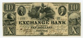 1861 $10 The Exchange Bank - Norfolk,  Virginia Note (norfolk Branch)
