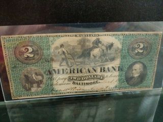 1860 $2 American Bank Baltimore Md Fine