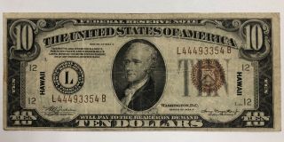 Series 1934 - A $10 Federal Reserve Note Hawaii Wwi Emergency Overprint Note