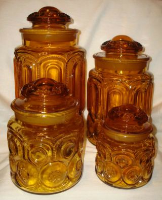 Vintage L.  E.  Smith Amber Glass Moon & Star Canister Apothecary Jar Set W/lids