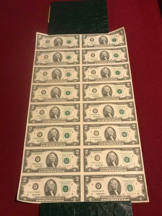 1995 Federal Reserve Note $2 Dollar Bill Uncut Sheet Of 16