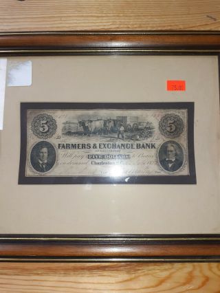 1852 Charleston South Carolina $5 Obsolete Currency Farmers & Exchange Bank
