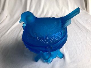 Vintage Westmoreland Blue Satin Glass Bird On Nest Candy Dish Figural Marked