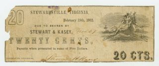 1862 20c Stewart & Kasey - Virginia Merchant Scrip W/ Female Riding Deer