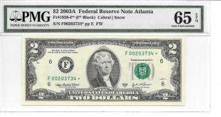 2003a Atlanta Star Note $2 Frn (f Block) Pmg 65 Epq Gem Uncirculated