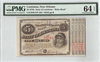 United States / Louisiana,  Orleans 1870 Pmg Choice Unc 64 Epq $5 “baby Bond "