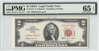 United States 1963a Fr.  1514 Pmg Gem Unc 65 Epq 2 Dollars Legal Tender Star