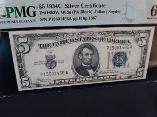 SCARCE 1934C $5 Silver Cert FR 1653 W PMG 65 Gem UNC EPQ 10 2