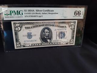 Scarce Fr.  1651 $5 1934 - A Silver Certificate Pa Block Gem Pmg 66 Epq 11
