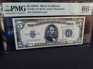 SCARCE FR.  1651 $5 1934 - A Silver Certificate PA Block Gem PMG 66 EPQ 11 2