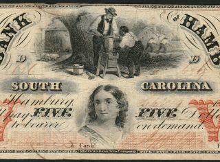 $5 Bank Of Hamburg South Carolina Ca 1860 Obsolete Fine Ghost Town